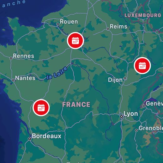 Une carte de France avec des rassemblements déjà placés.